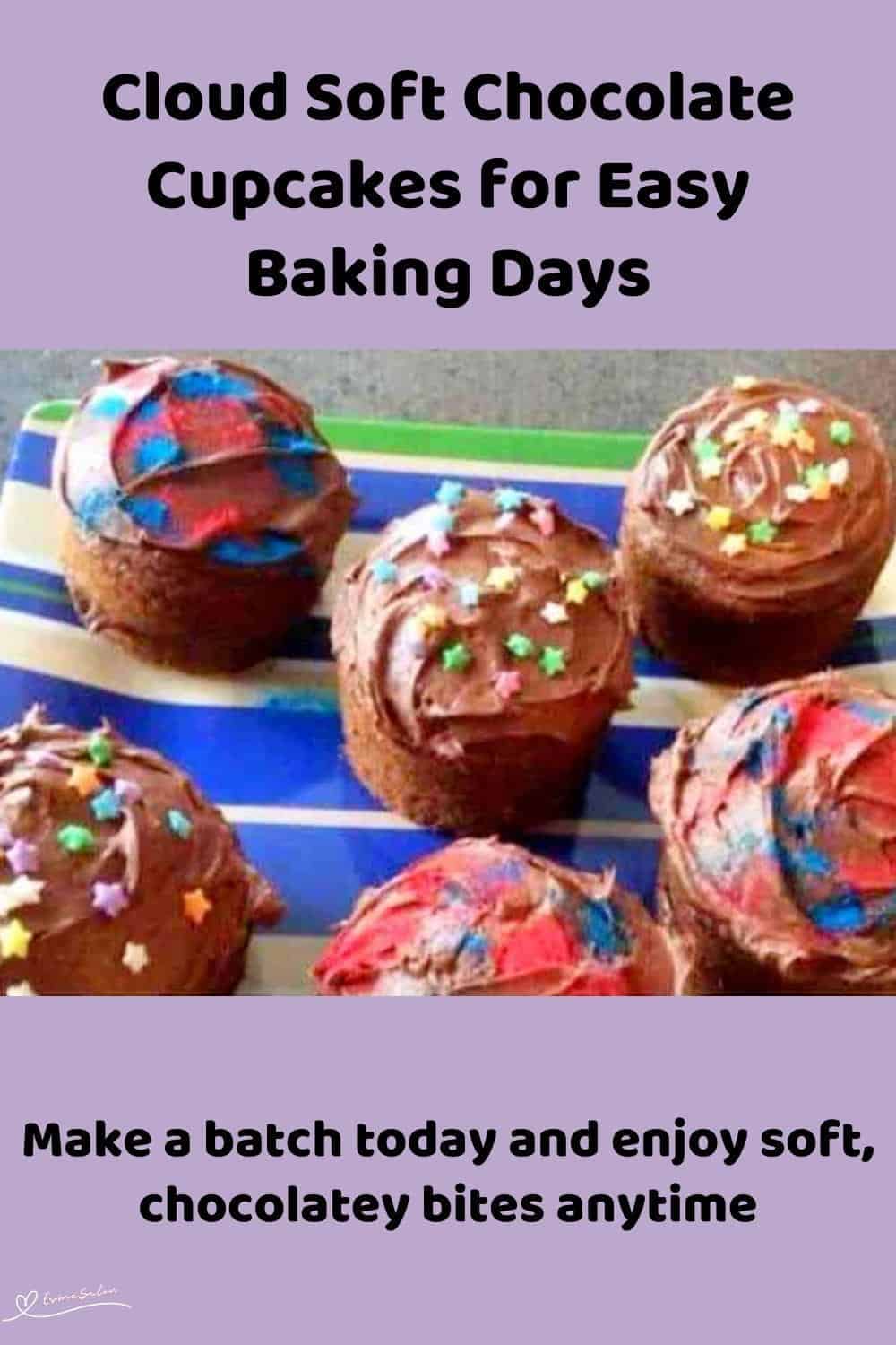 An image of 6 x-large Cloud Soft Chocolate Cupcakes with chocolate frosting and colored sprinkles
