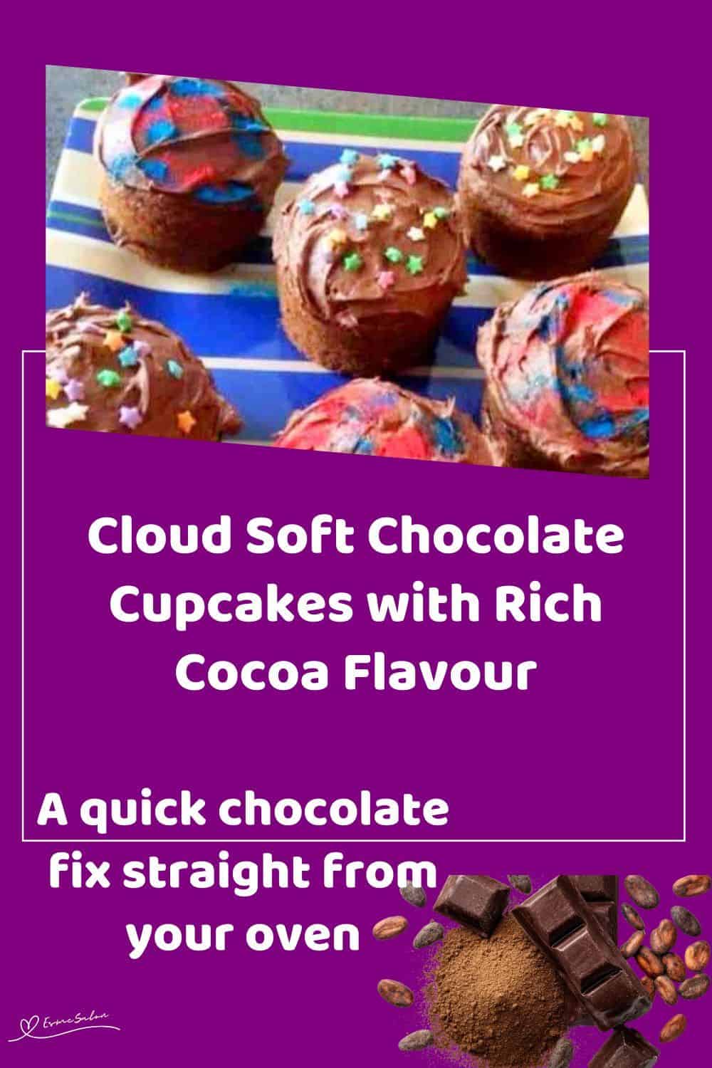 An image of 6 x-large Cloud Soft Chocolate Cupcakes with chocolate frosting and colored sprinkles
