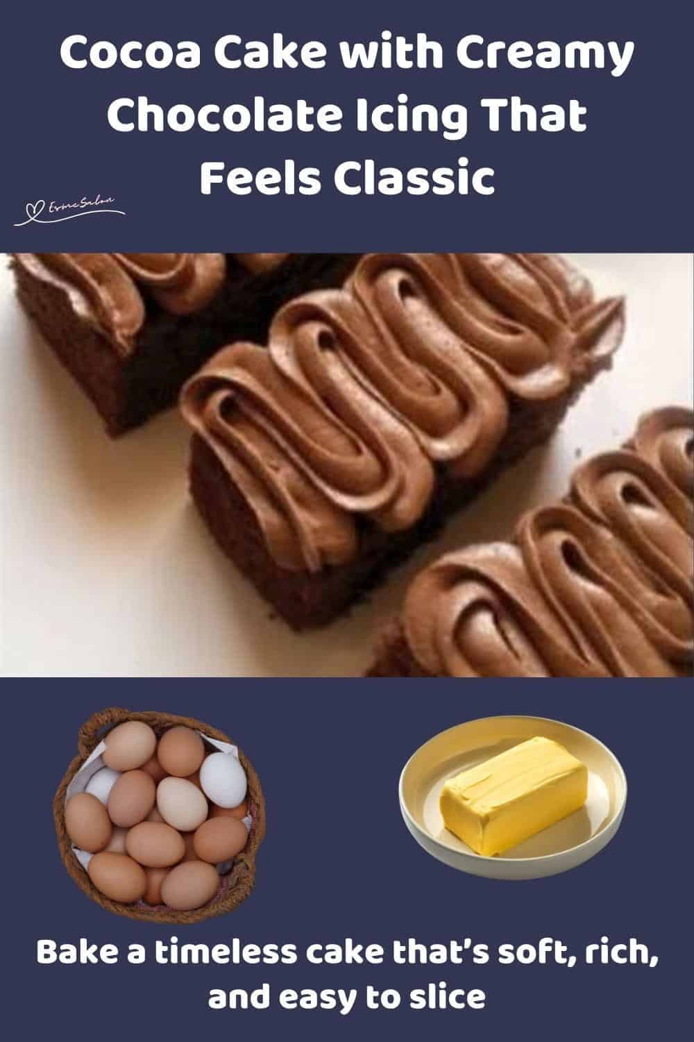 An image of several slices of Cocoa Cake with Creamy Chocolate Icing