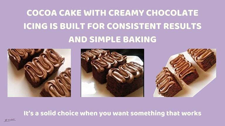 An image of several slices of Cocoa Cake with Creamy Chocolate Icing