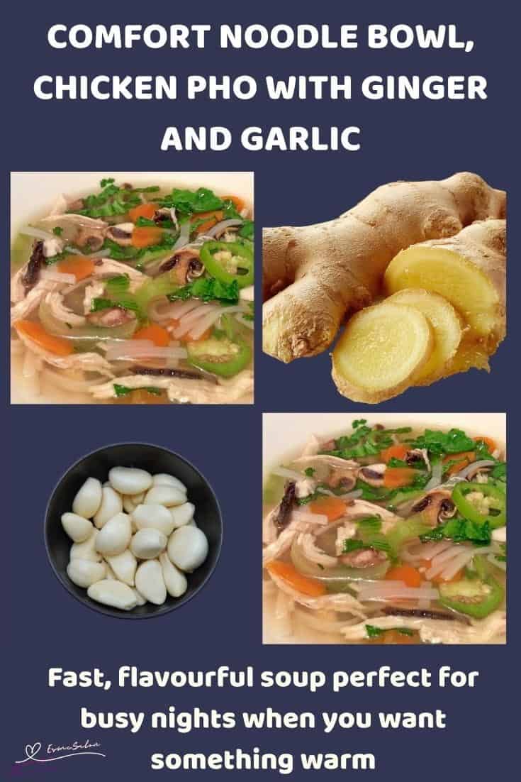 An image of a bowl of Chicken Pho with Ginger, Garlic, mushrooms and carrots