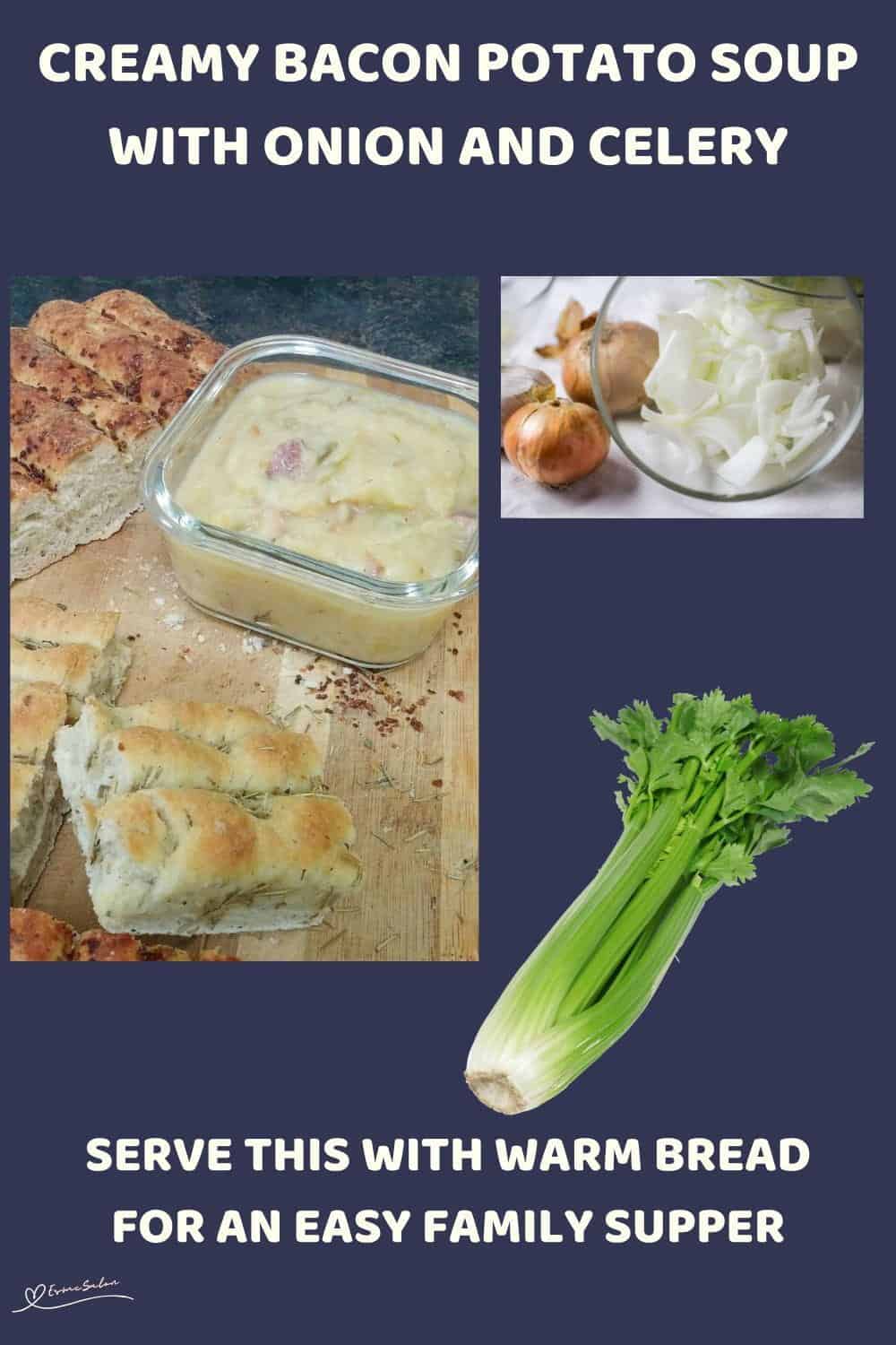 An image of a glass bowl with Creamy Potato Bacon Soup and focaccia on the side