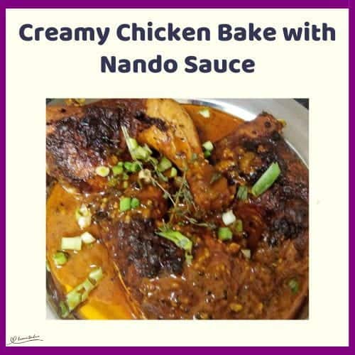 An image of Chicken Bake in Nandos Sauce with a side of pumpkin and baked potatoes