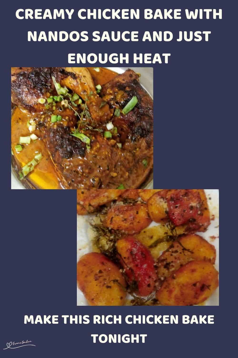An image of Chicken Bake in Nandos Sauce with a side of pumpkin and baked potatoes