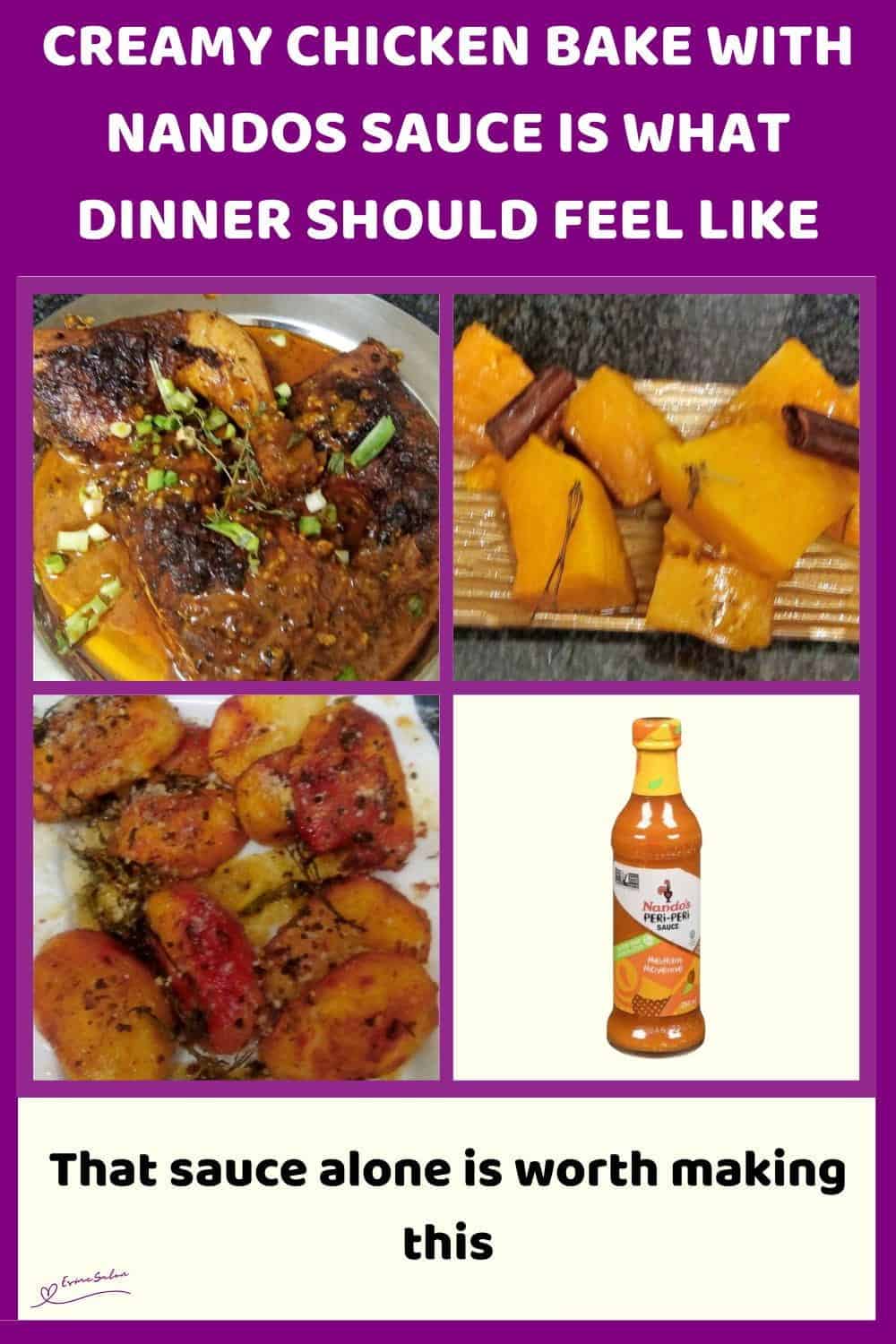 An image of Chicken Bake in Nandos Sauce with a side of pumpkin and baked potatoes