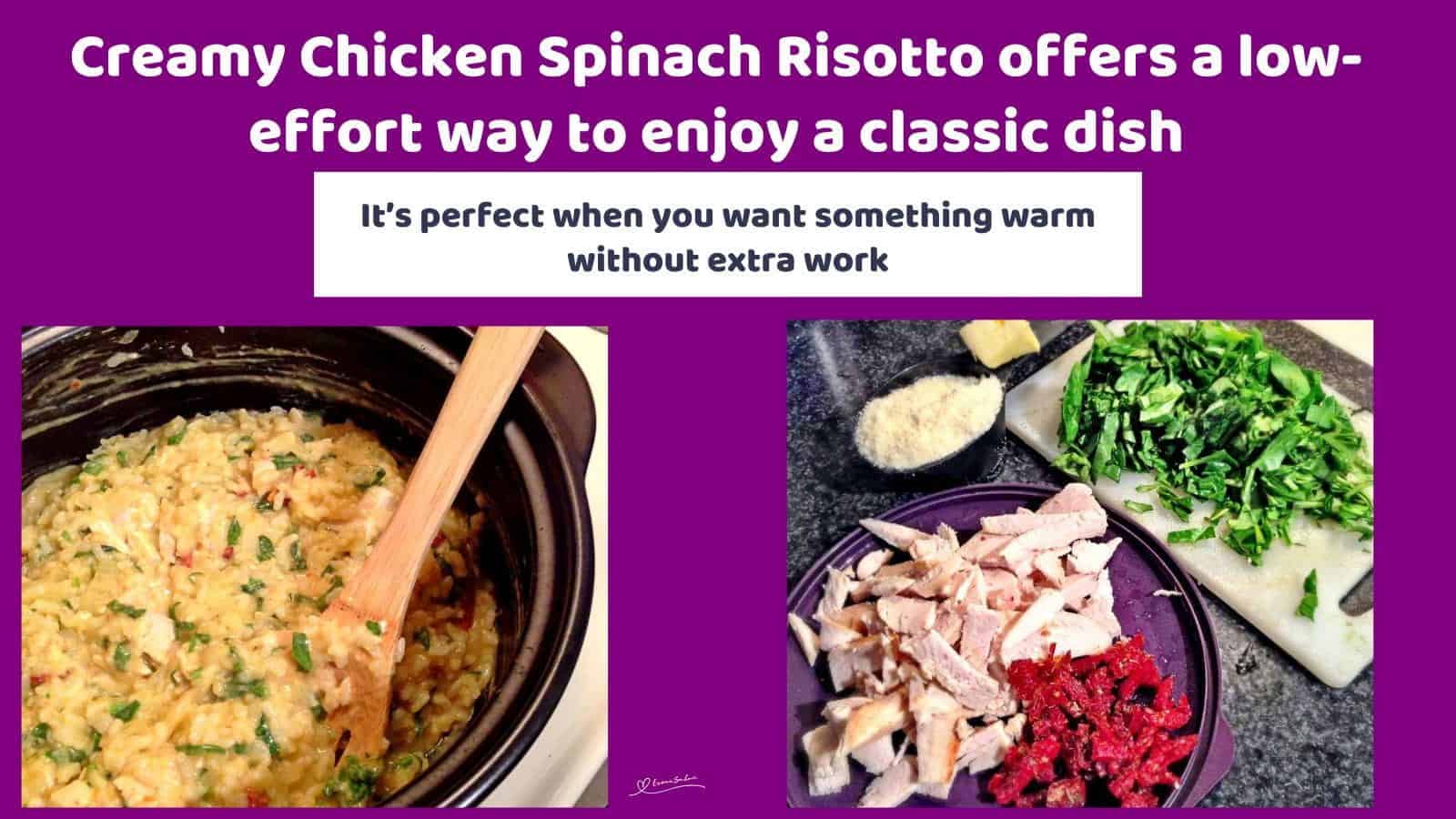 An image of a pot filled with Chicken Spinach Risotto