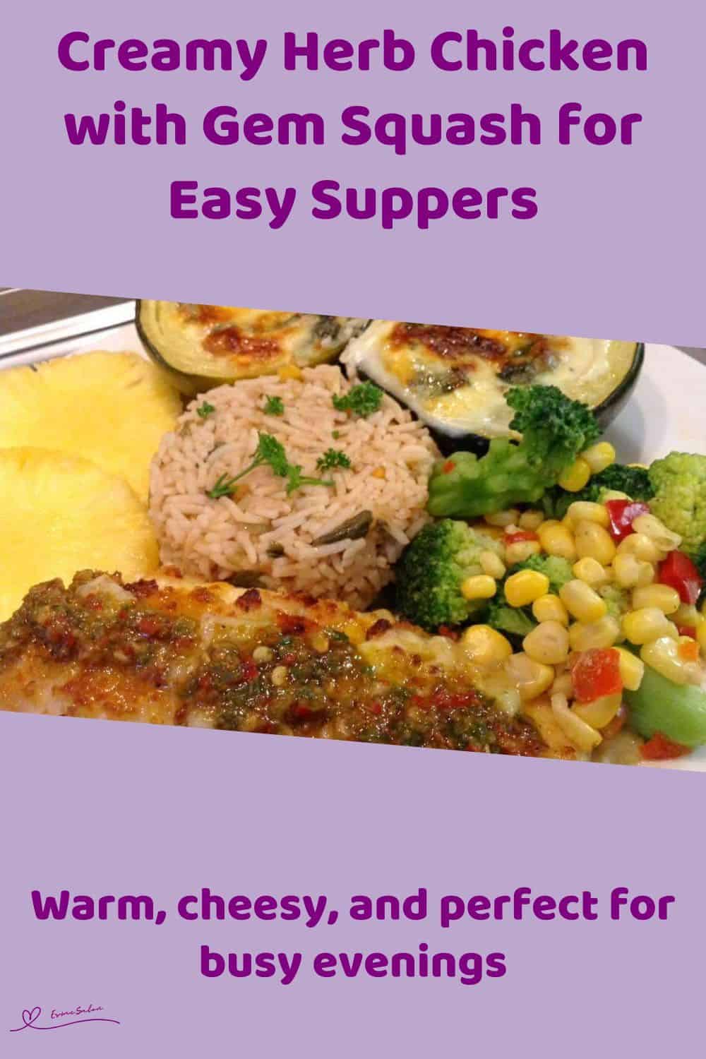 An image of Creamy Herb Chicken Breast, Gem Squash with melted cheese, veggies and rice