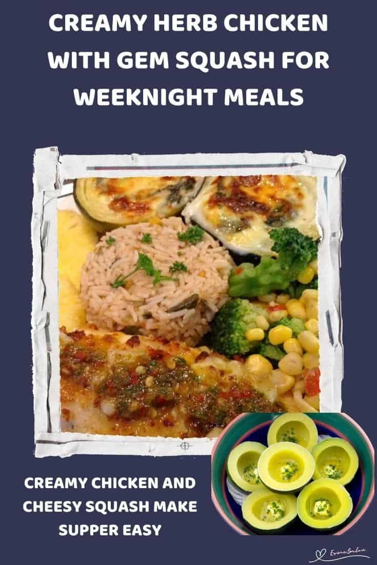An image of Creamy Herb Chicken Breast, Gem Squash with melted cheese, veggies and rice