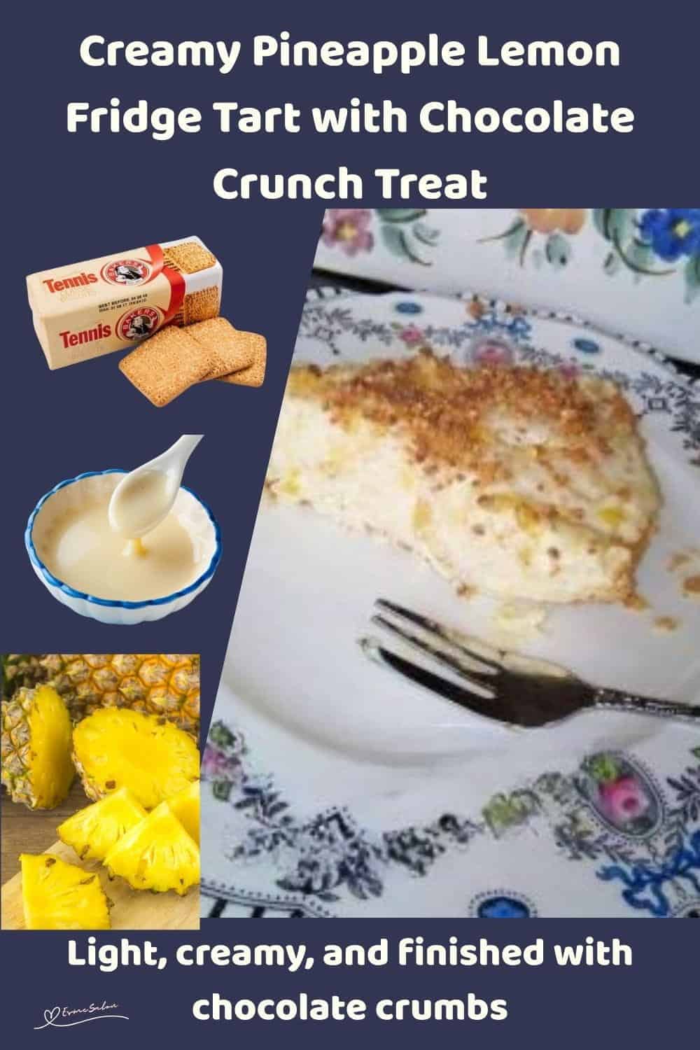 An image of a slice of Pineapple Lemon Fridge Tart with Chocolate Crunch on a floral plate with a dessert fork