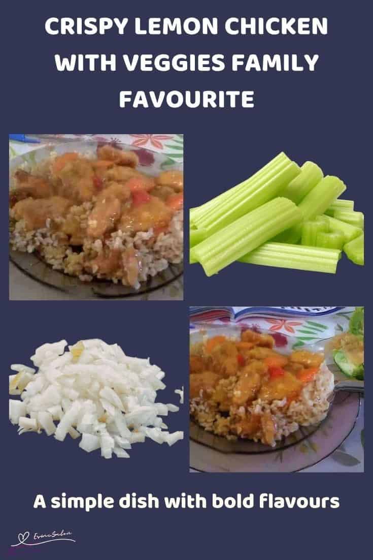 An image of Crispy Lemon Chicken with Veggies served on a bed of rice