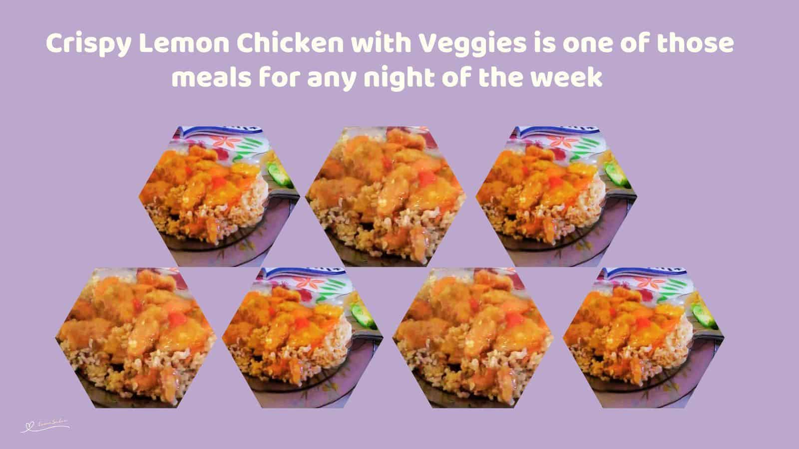An image of Crispy Lemon Chicken with Veggies served on a bed of rice