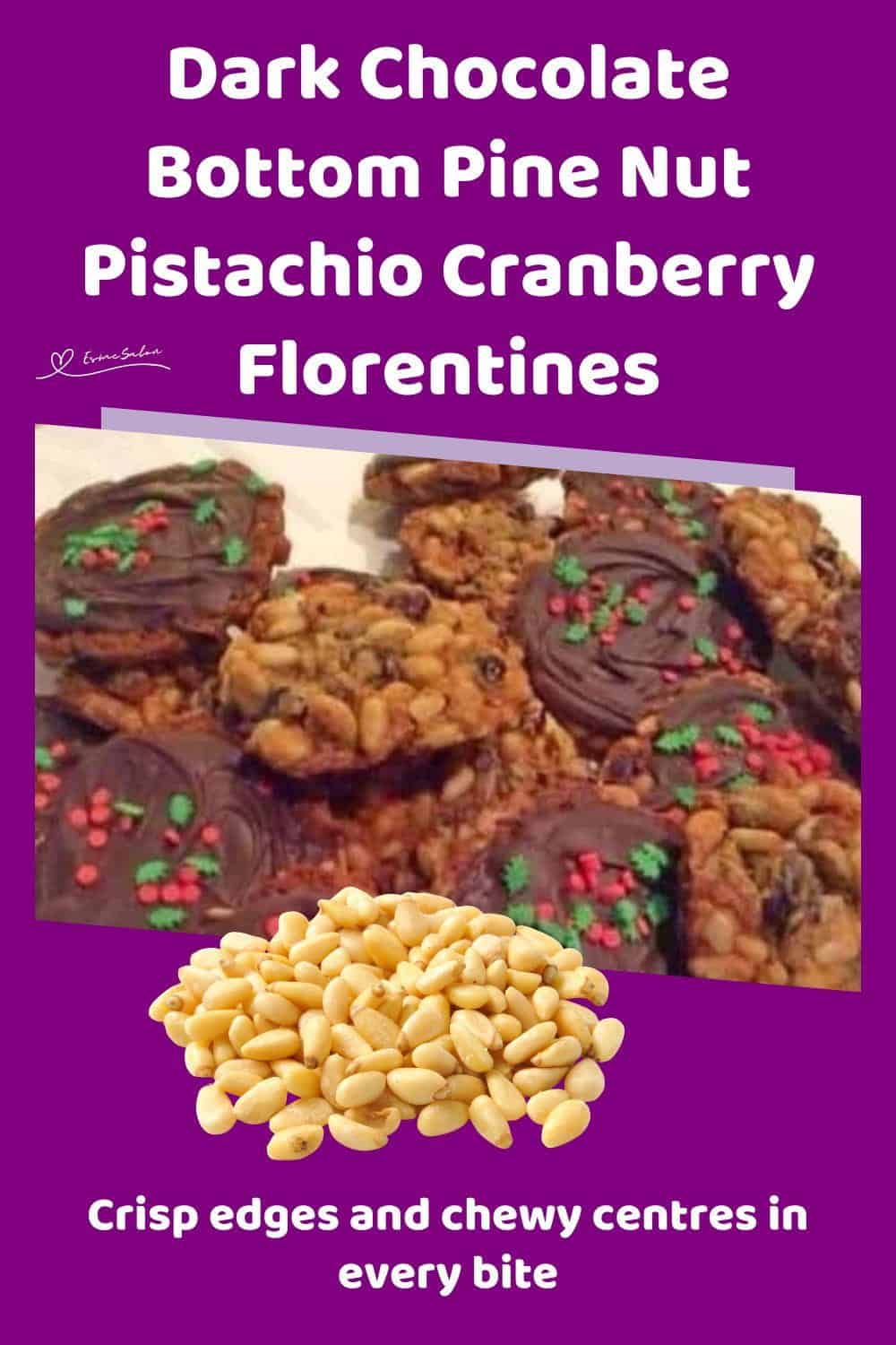 An image of a stack of Pine Nut Pistachio Cranberry Florentines with chocolate bottoms and fancy Christmas Sprinkles