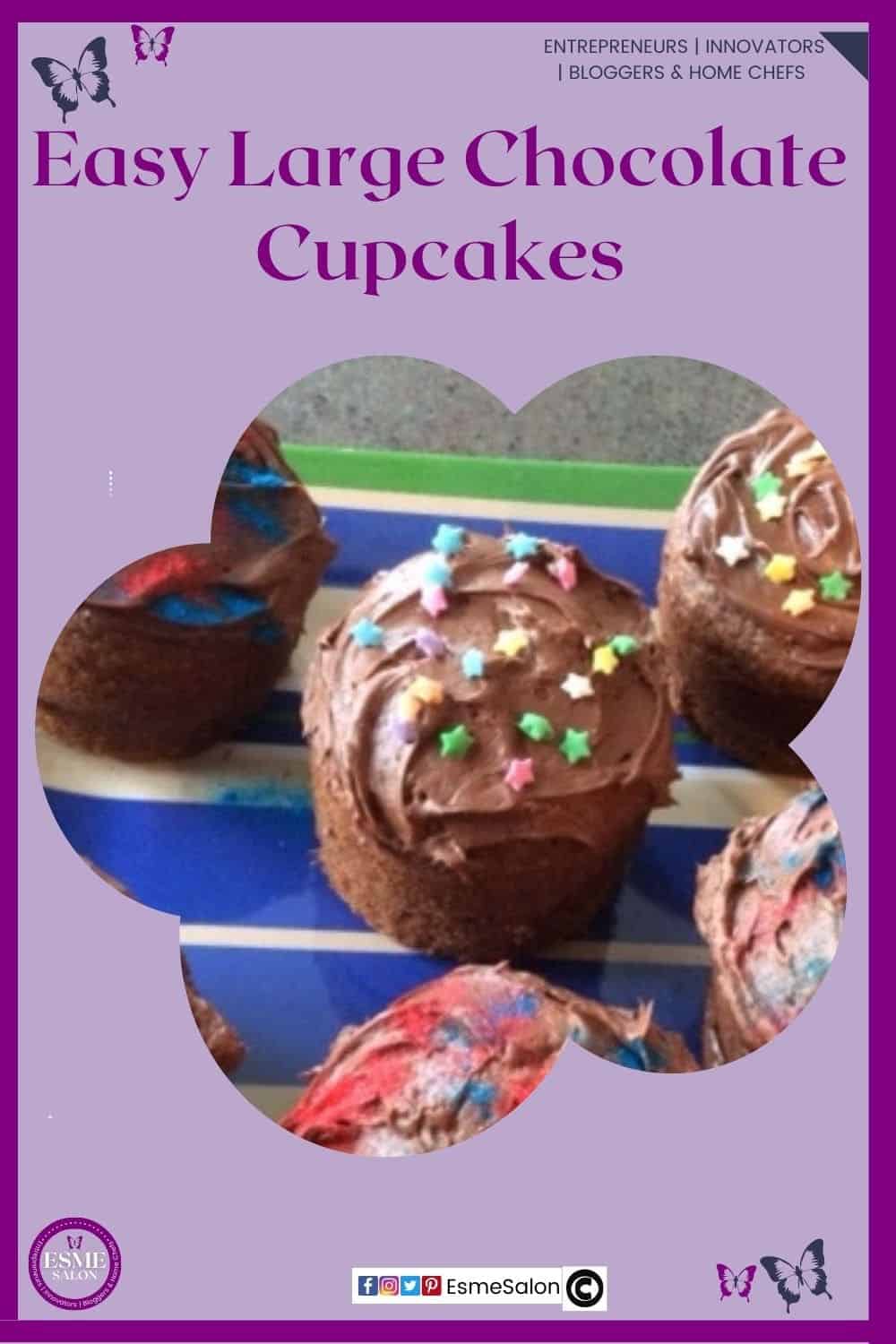 an image of 6 Large Chocolate Cupcakes on a square white and blue striped platter. Cupcakes covered with chocolate topping and colored sprinkles