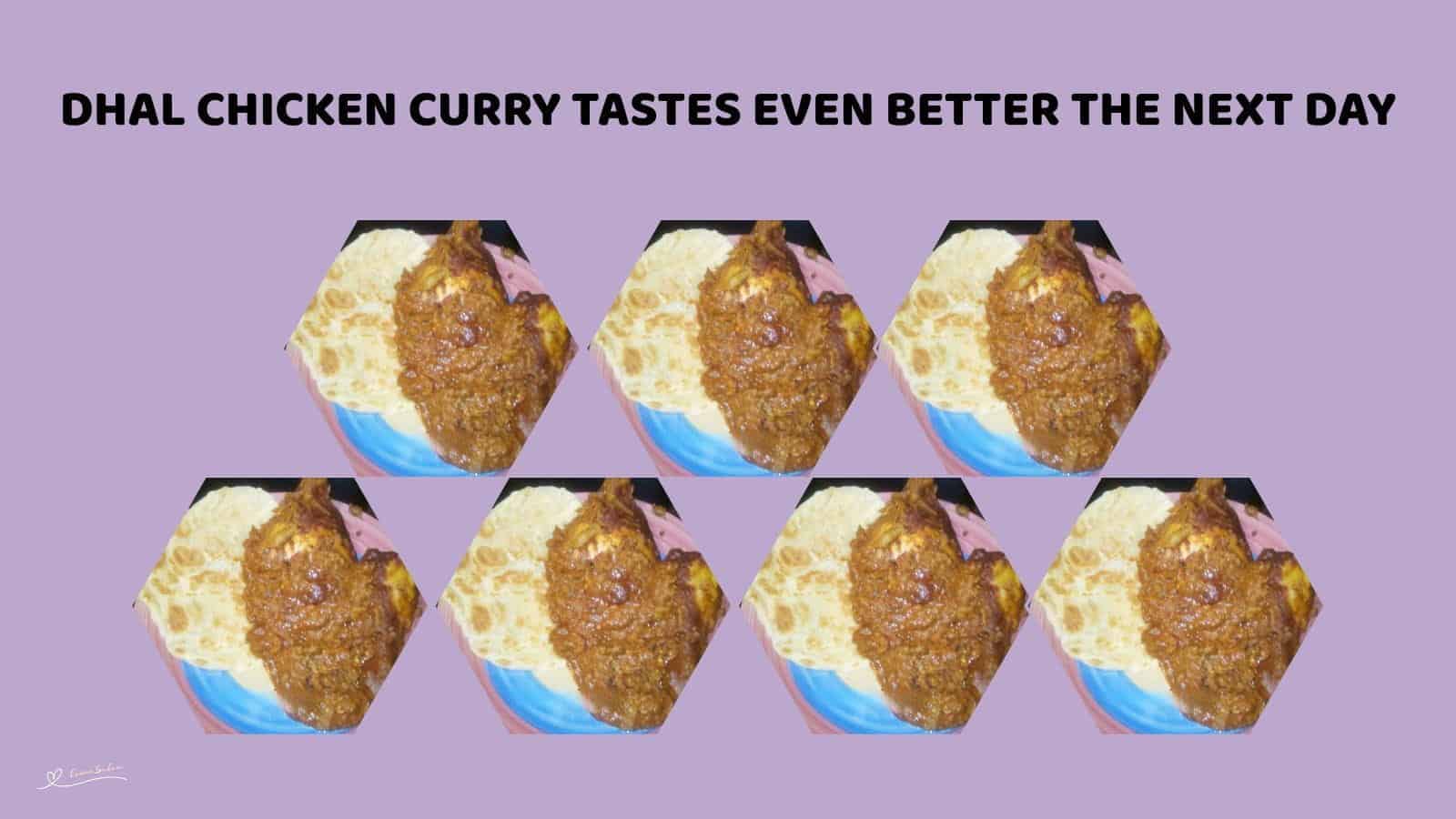An image of a plate of Dhal Chicken Curry served with Robi