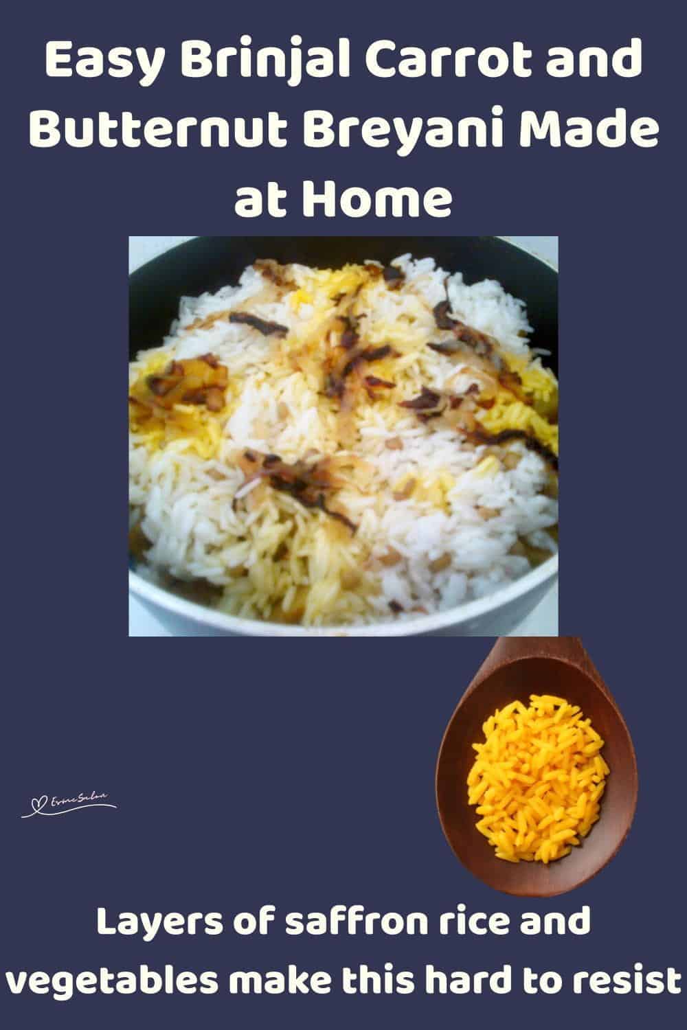 An image of a plate with Brinjal, Carrot and Butternut Breyani with saffron rice and lentils