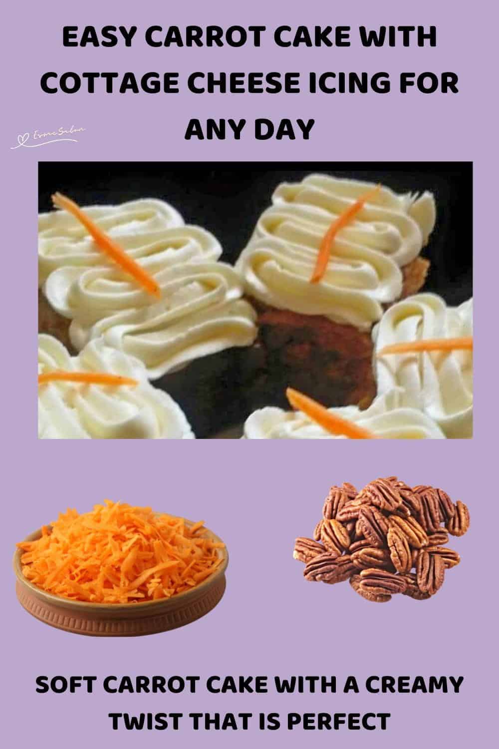 An image of blocks of Carrot Cake with Cottage Cheese Icing, with a thinly sliced piece of carrot as decoration.