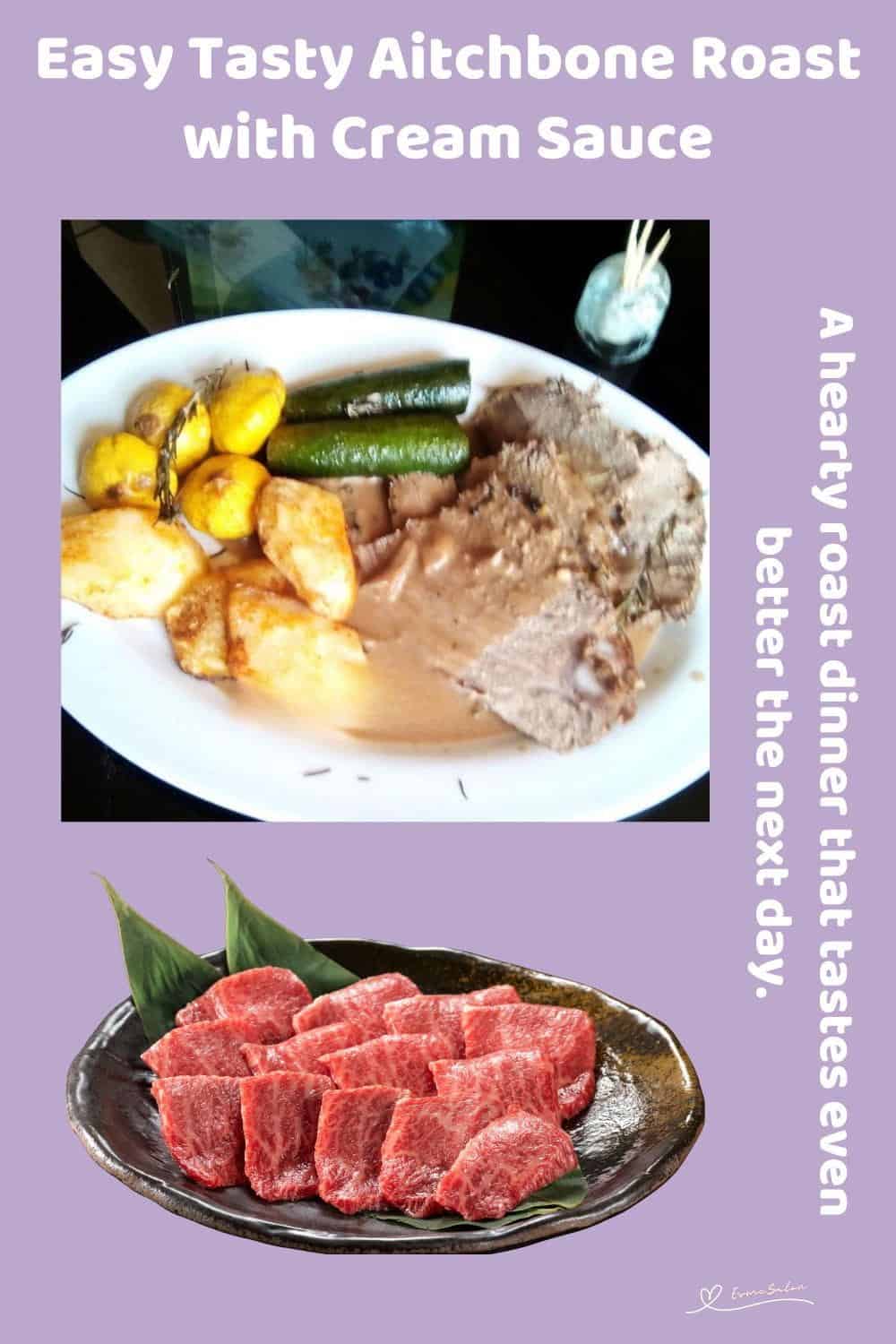 An image of a white dinner plate filled with Aitchbone Roast with Cream Sauce, with crispy potatoes and veggies on the side