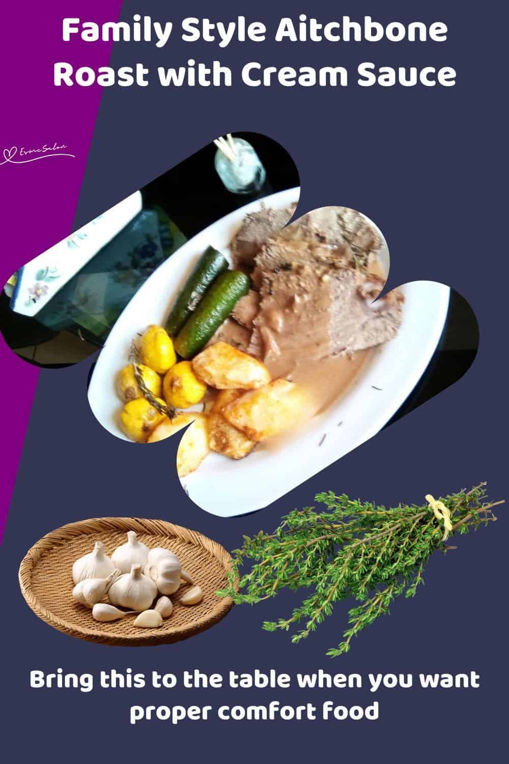 An image of a white dinner plate filled with Aitchbone Roast with Cream Sauce, with crispy potatoes and veggies on the side