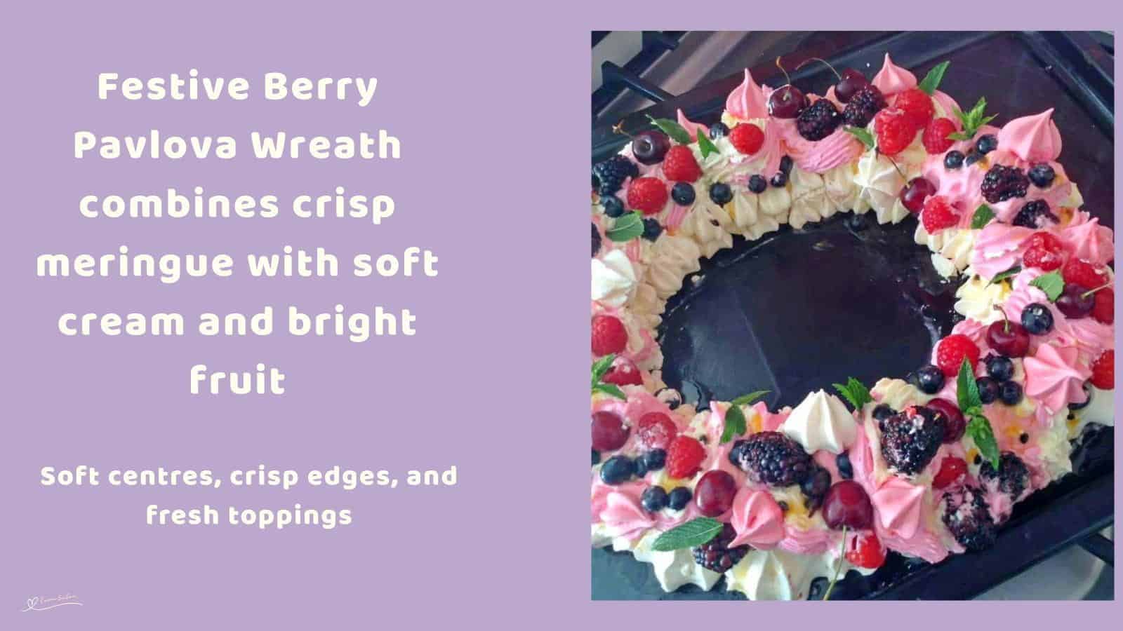 An image of a white and pink Festive Berry Pavlova Wreath with fresh berries and cream