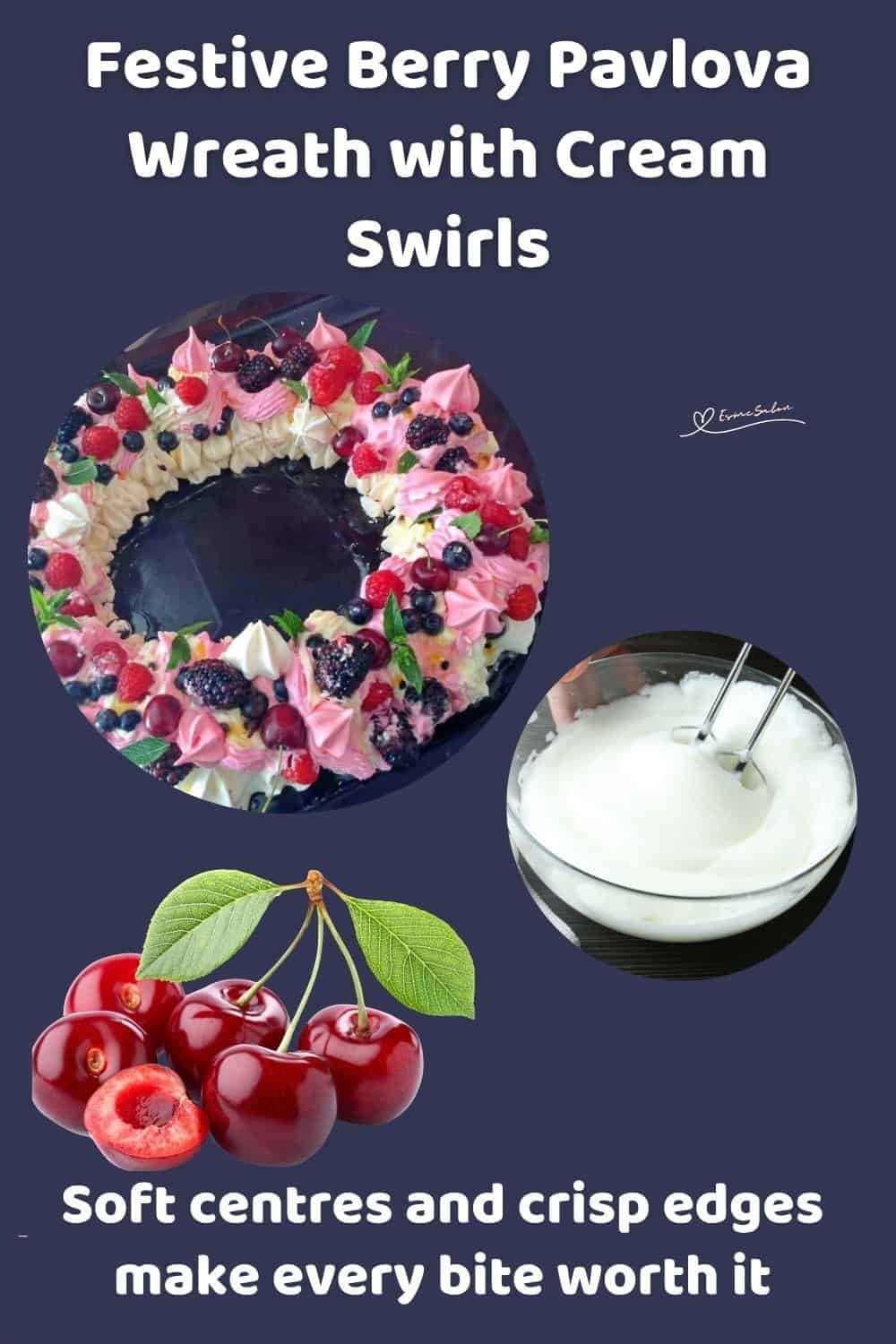 An image of a white and pink Festive Berry Pavlova Wreath with fresh berries and cream