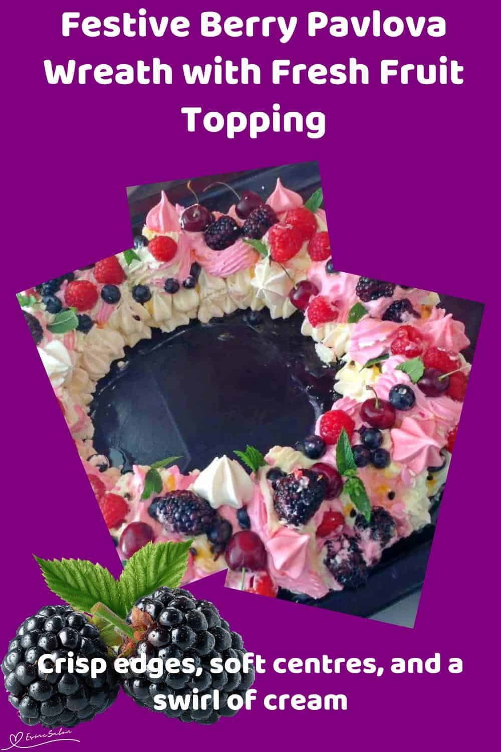 An image of a white and pink Festive Berry Pavlova Wreath with fresh berries and cream