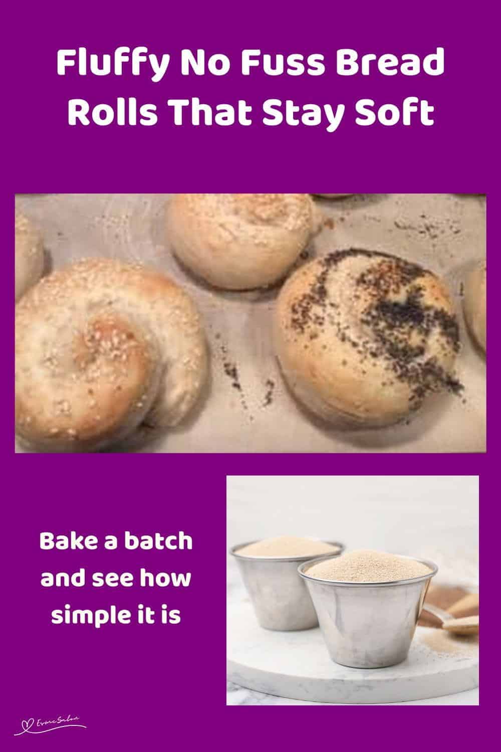 An image of Fluffy No Fuss Bread Rolls baked and unbaked and sprinkled with seeds