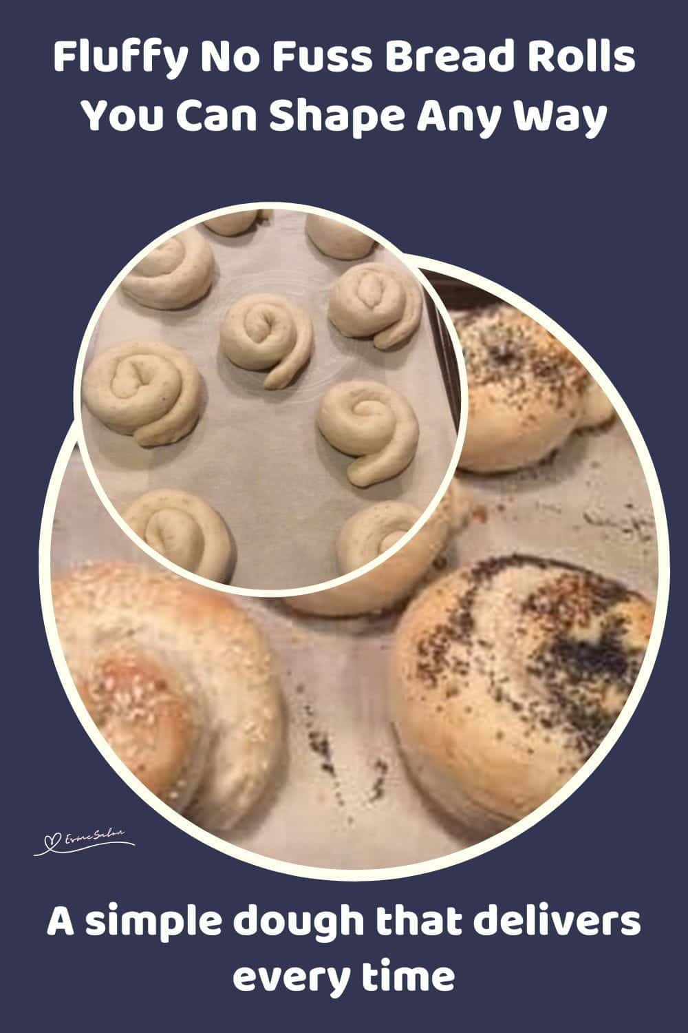 An image of Fluffy No Fuss Bread Rolls baked and unbaked and sprinkled with seeds
