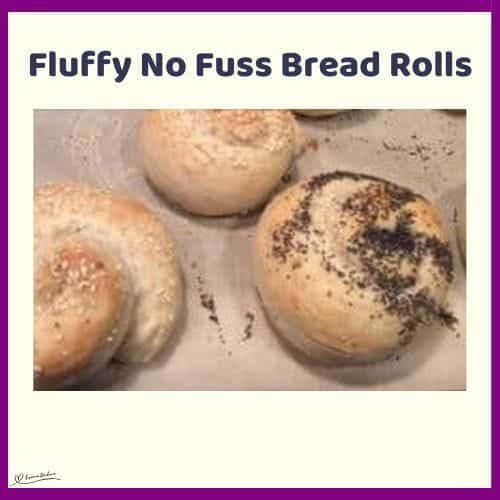 An image of Fluffy No Fuss Bread Rolls baked and unbaked and sprinkled with seeds