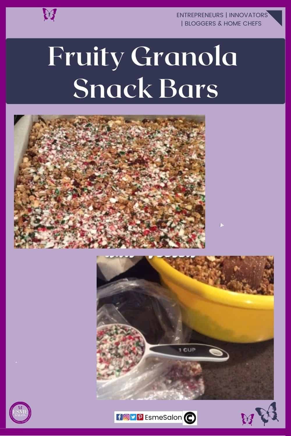 an image of a cooking tin filled with candy cane topped Fruity Granola Snack Bars