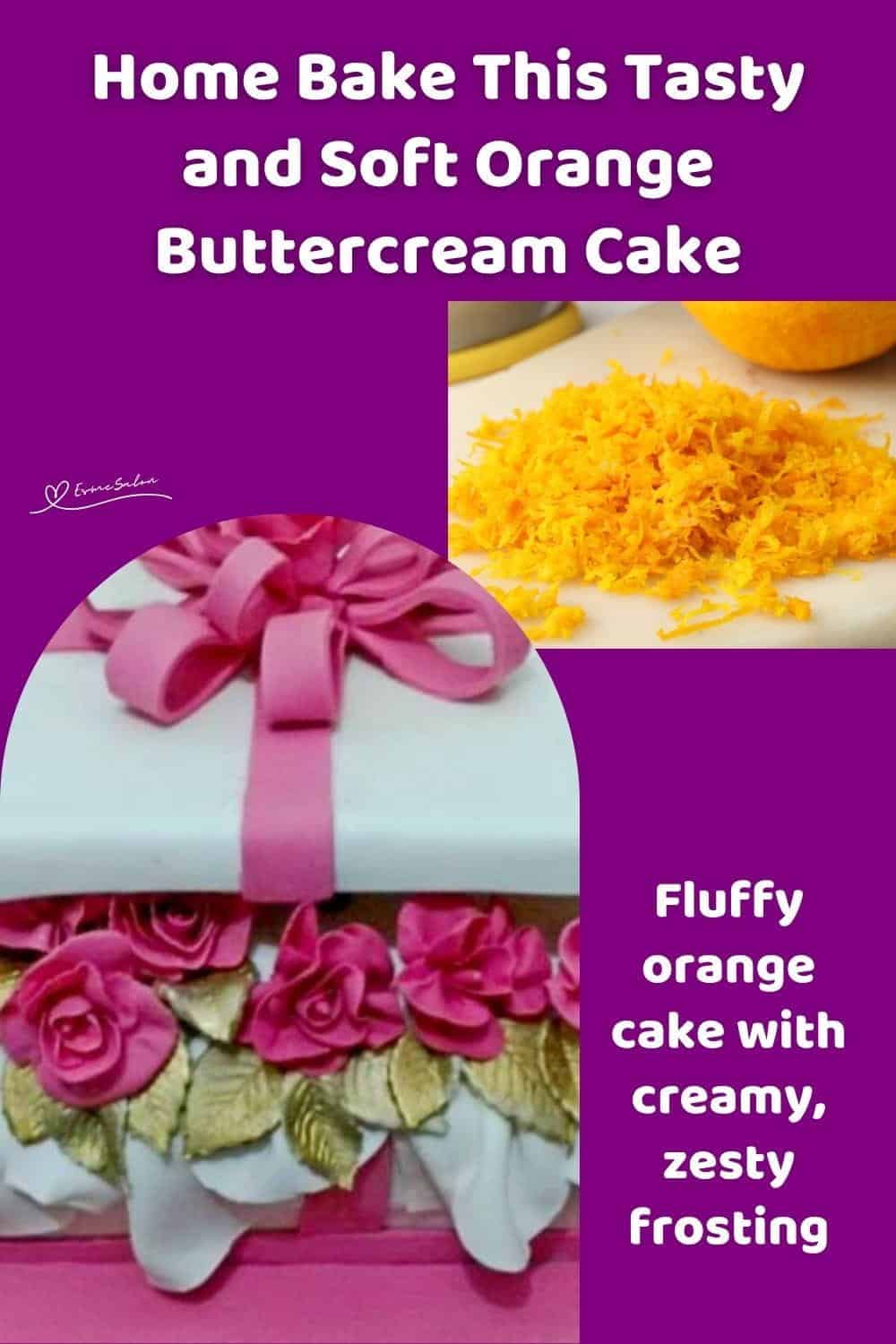 An image of an orange buttercream cake in the shape of a gift with a pink bow and pink roses between the layers