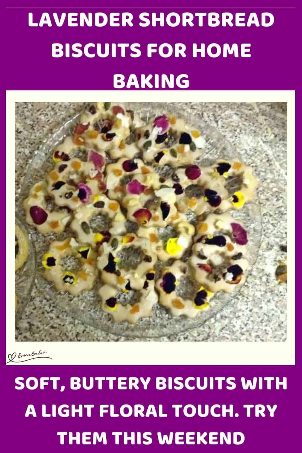 An image of a glass dish filled with Lavender Shortbread Biscuits