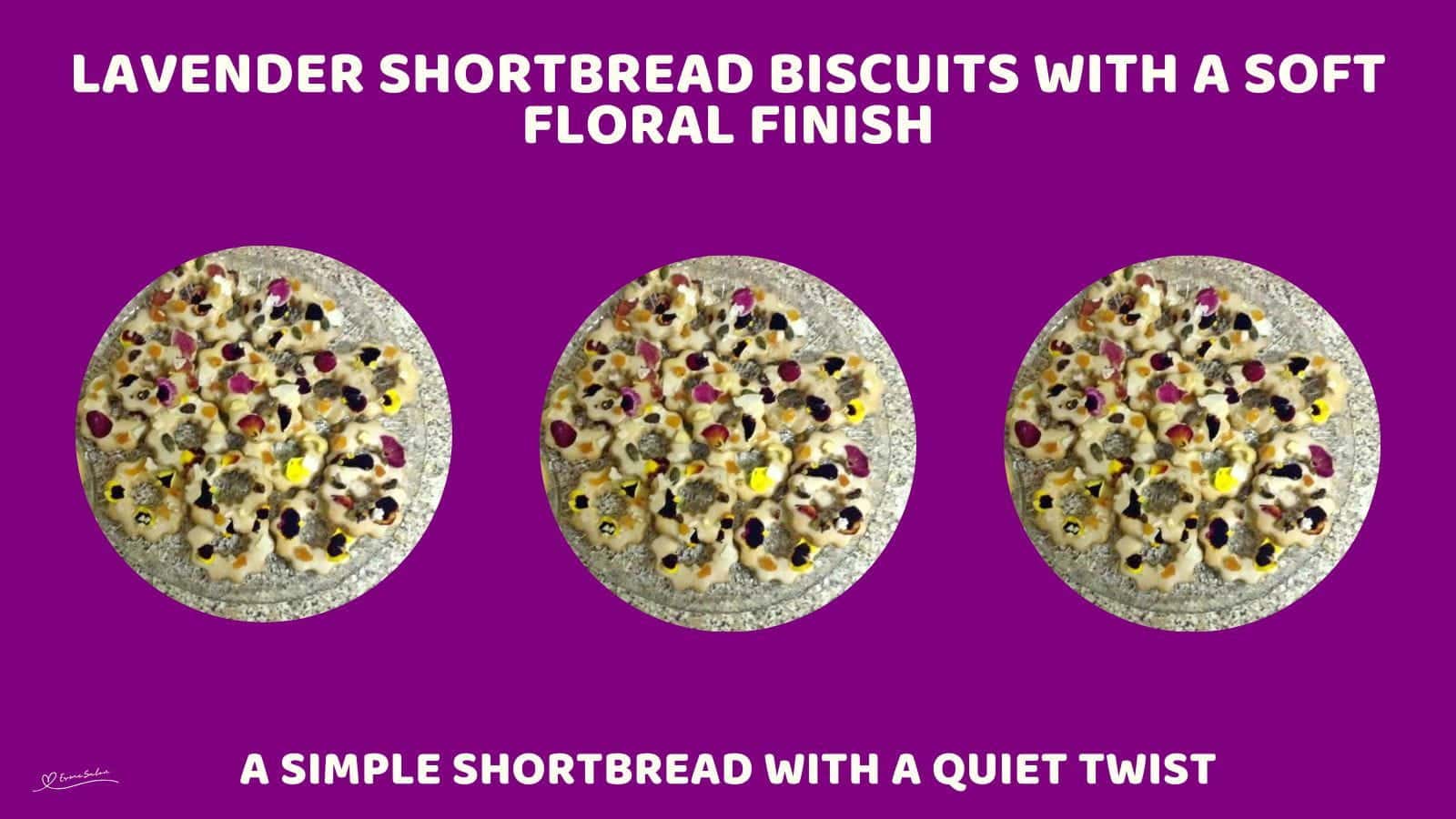 An image of a glass dish filled with Lavender Shortbread Biscuits