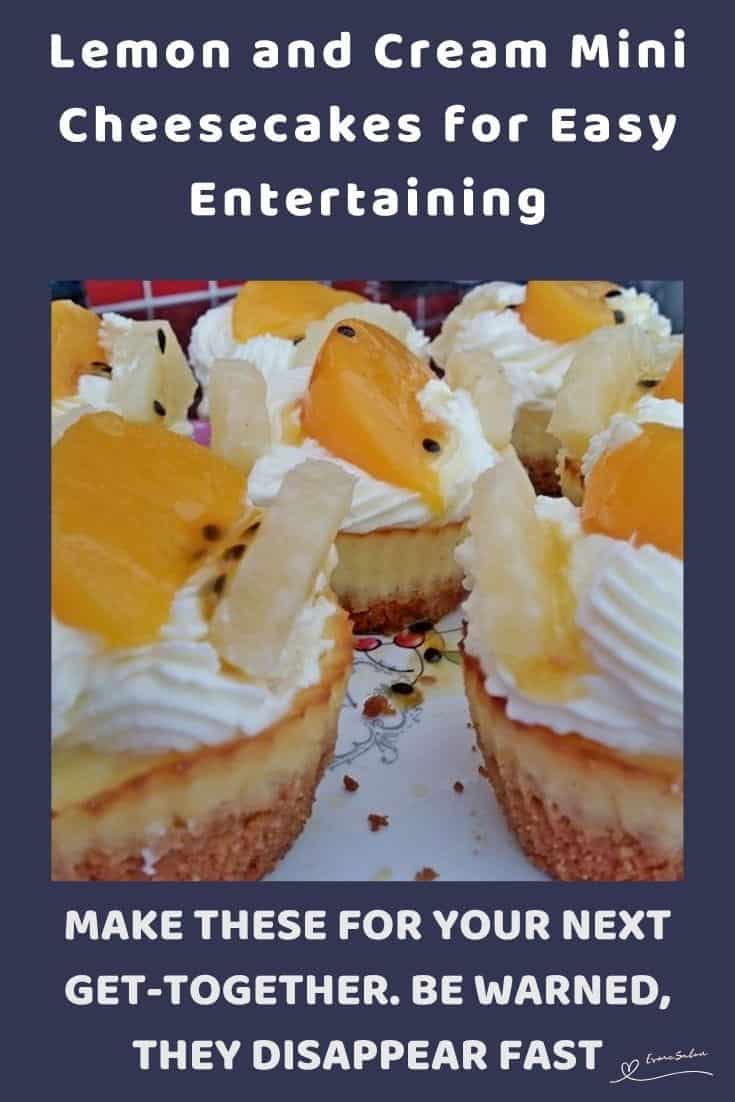 An image of Lemon and Cream Mini Cheesecakes decorated with cream and fresh fruit