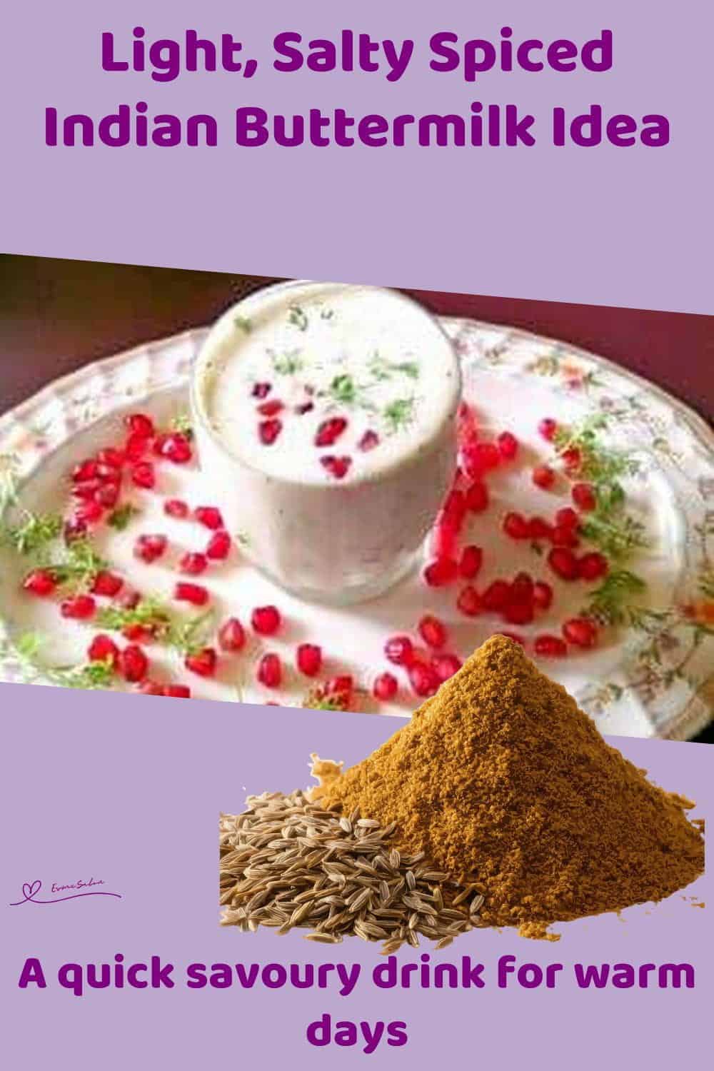 An image of a glass with Spiced Indian Buttermilk and garnishes with fresh coriander leaves, pomegranate seeds