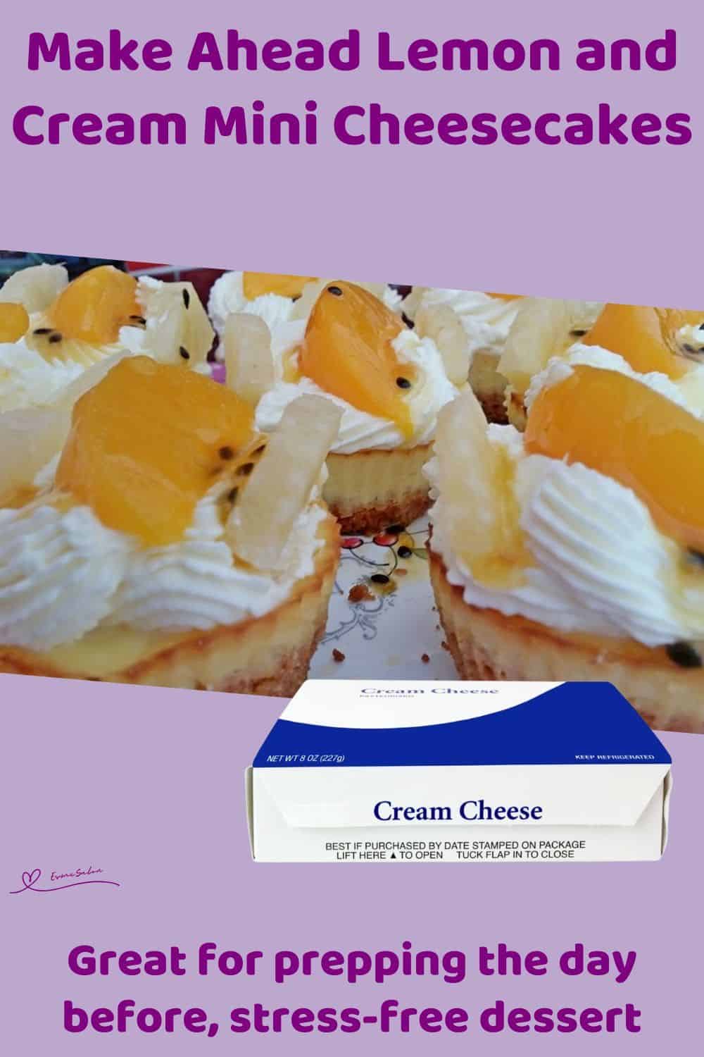 An image of Lemon and Cream Mini Cheesecakes decorated with cream and fresh fruit