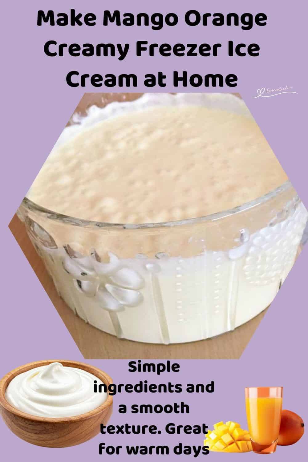 An image of a large glass bowl with Mango Orange Creamy Freezer Ice Cream