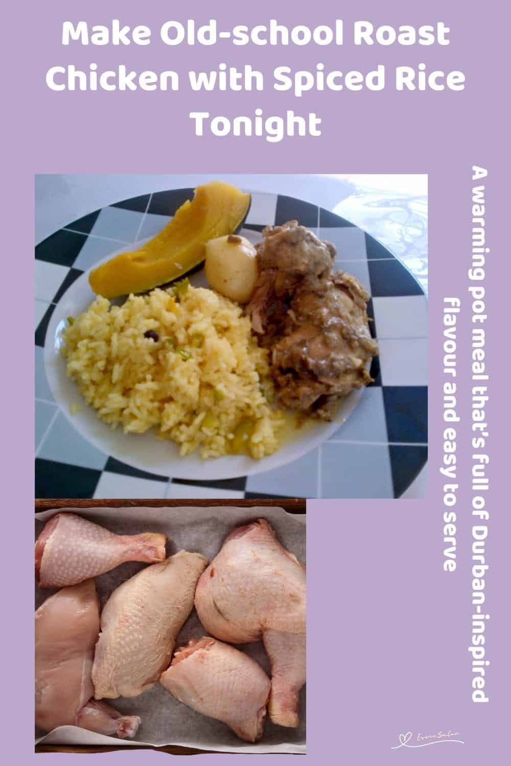 An image of a plate of Roast Chicken with Spiced Rice with a side of veggies