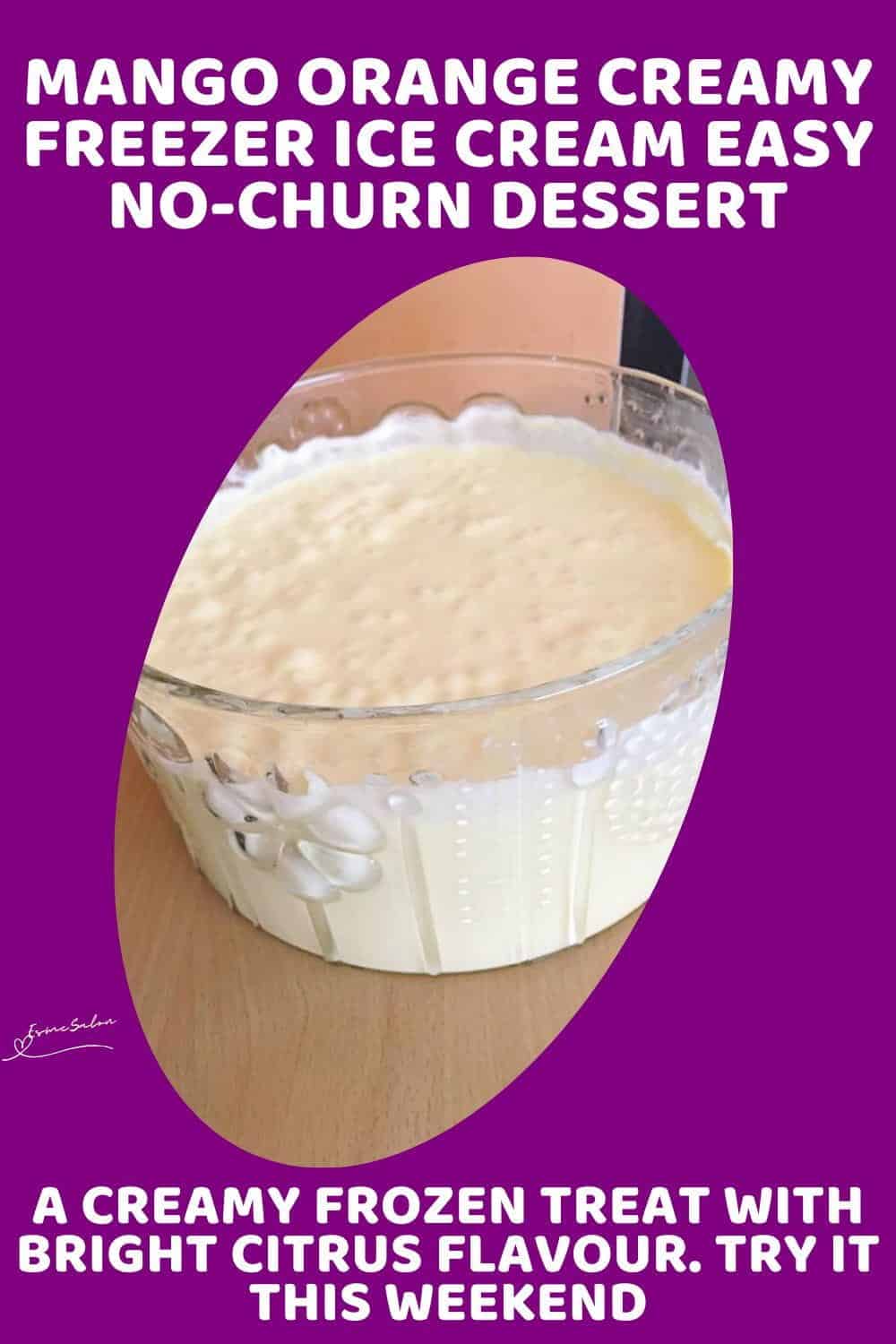 An image of a large glass bowl with Mango Orange Creamy Freezer Ice Cream