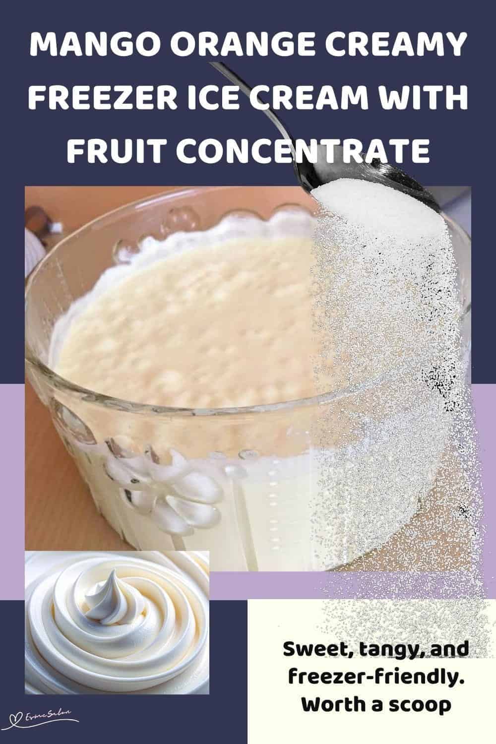 An image of a large glass bowl with Mango Orange Creamy Freezer Ice Cream