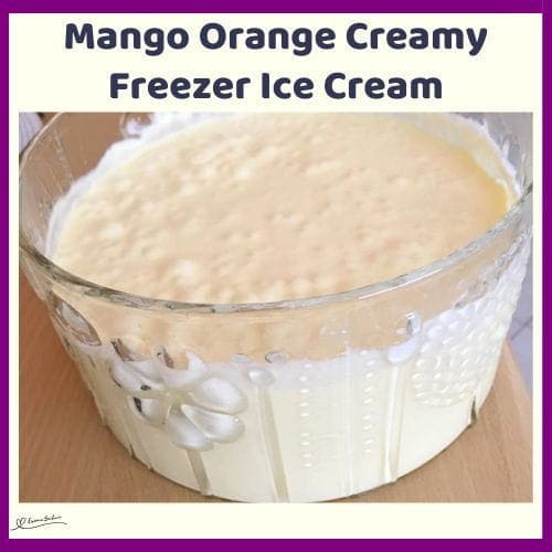 An image of a large glass bowl with Mango Orange Creamy Freezer Ice Cream