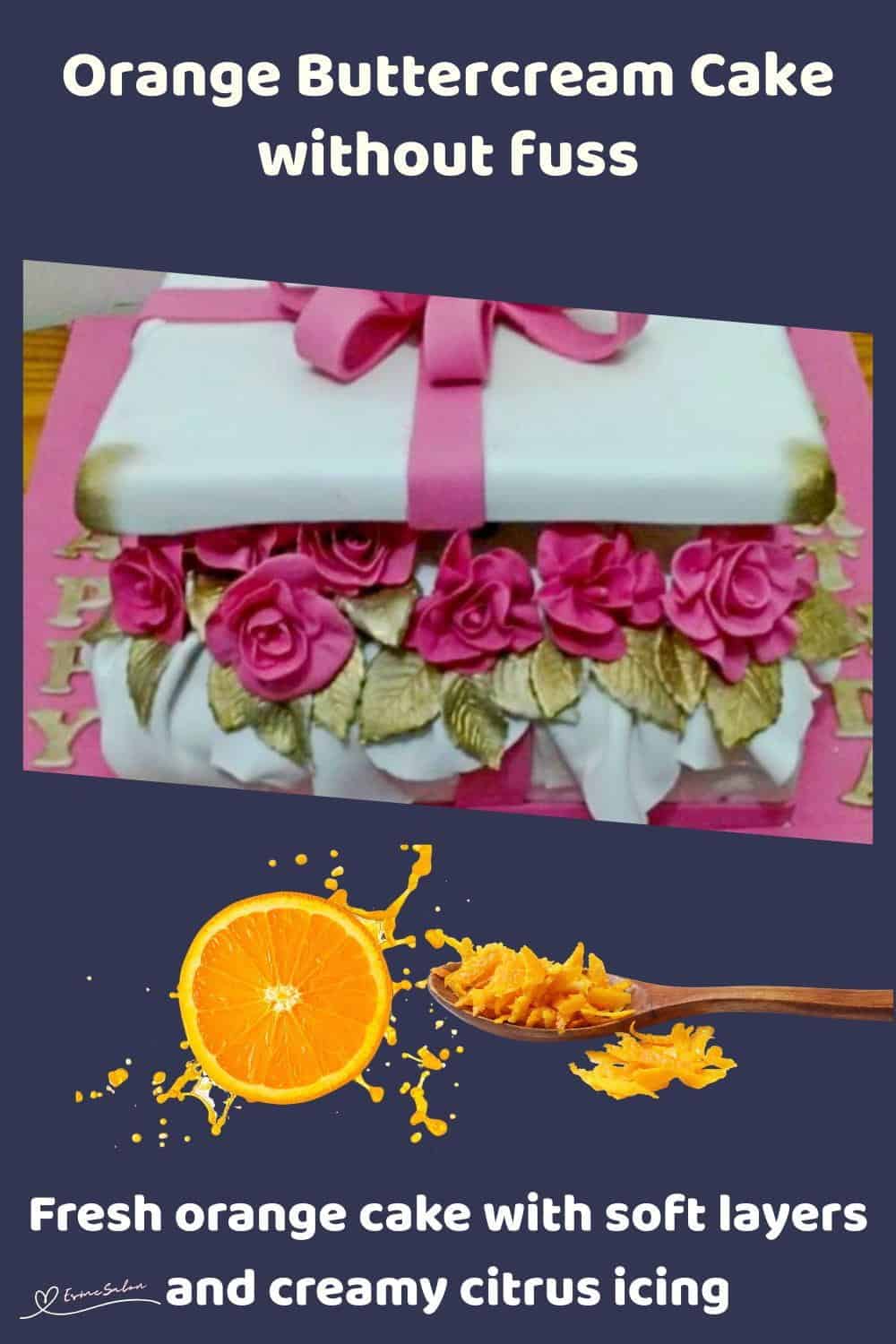 An image of an orange buttercream cake in the shape of a gift with a pink bow and pink roses between the layers