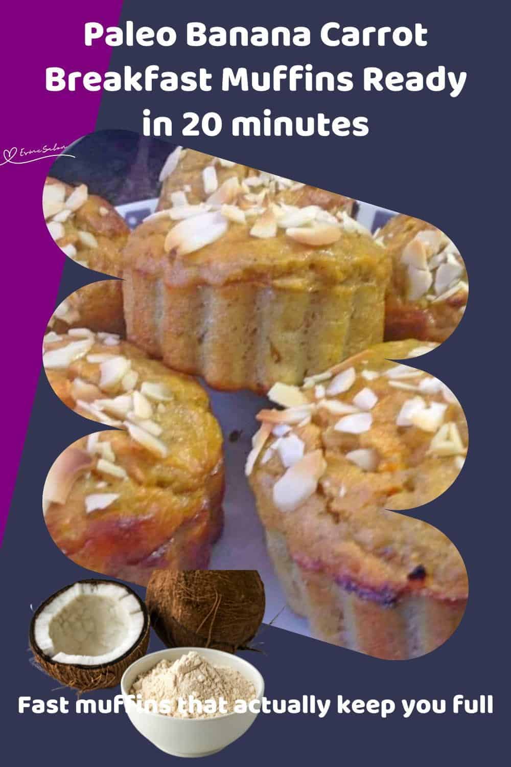 An image of 6 Paleo Banana Carrot Breakfast Muffins topped with slivered almonds