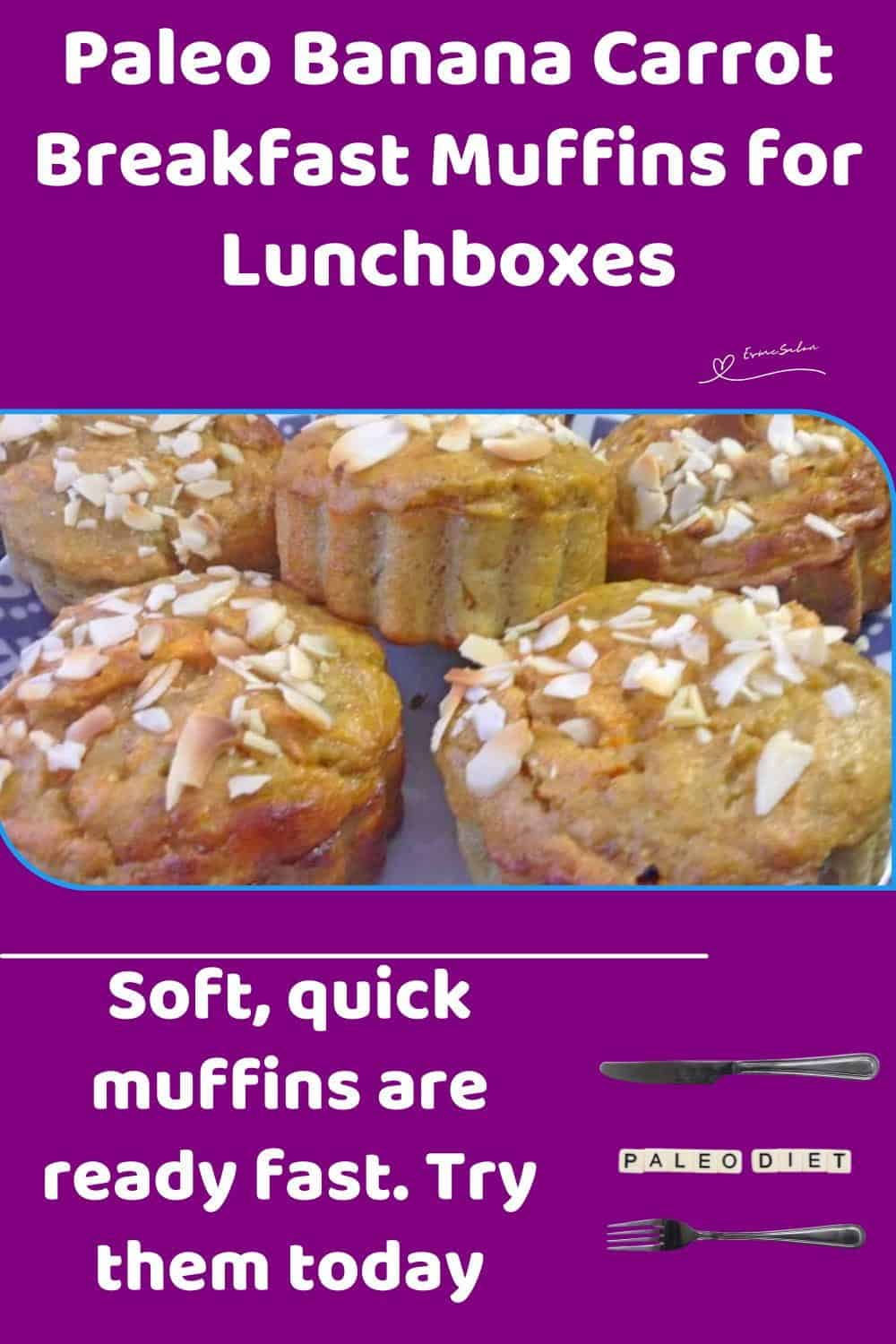 An image of 6 Paleo Banana Carrot Breakfast Muffins topped with slivered almonds