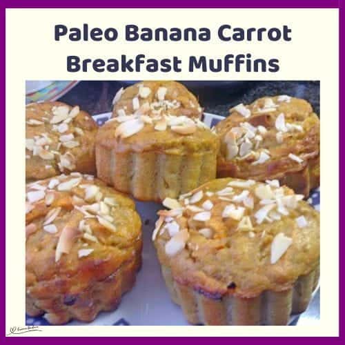 An image of 6 Paleo Banana Carrot Breakfast Muffins topped with slivered almonds