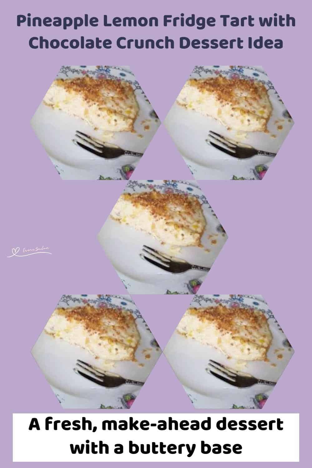 An image of a slice of Pineapple Lemon Fridge Tart with Chocolate Crunch on a floral plate with a dessert fork
