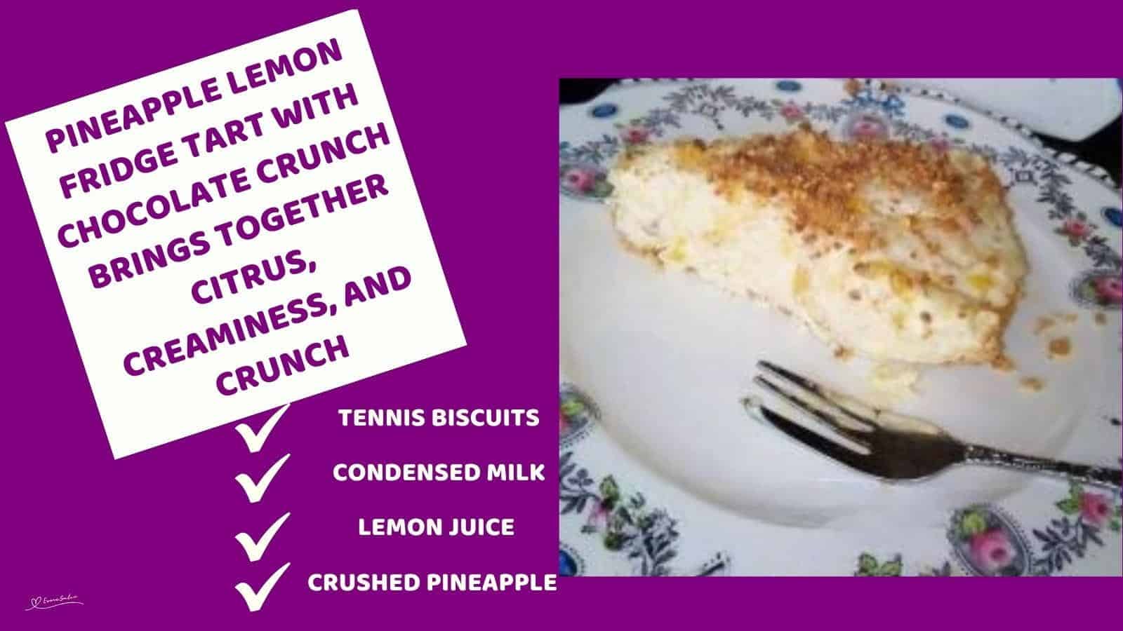 An image of a slice of Pineapple Lemon Fridge Tart with Chocolate Crunch on a floral plate with a dessert fork