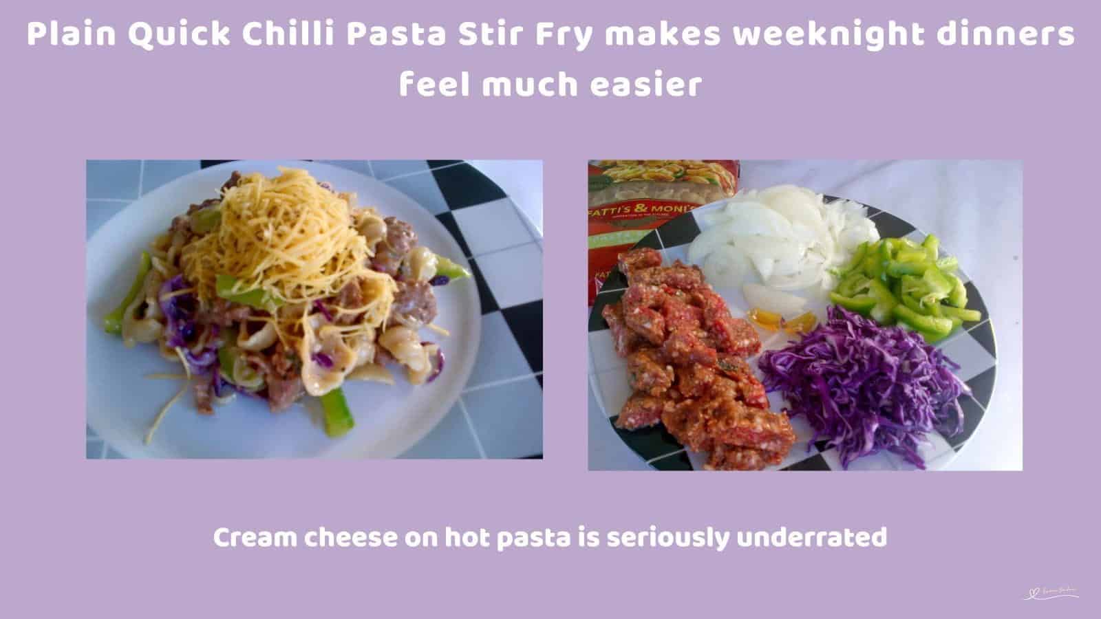 An image of a plate filled with a Chilli Pasta Stir Fry topped with grated cheese