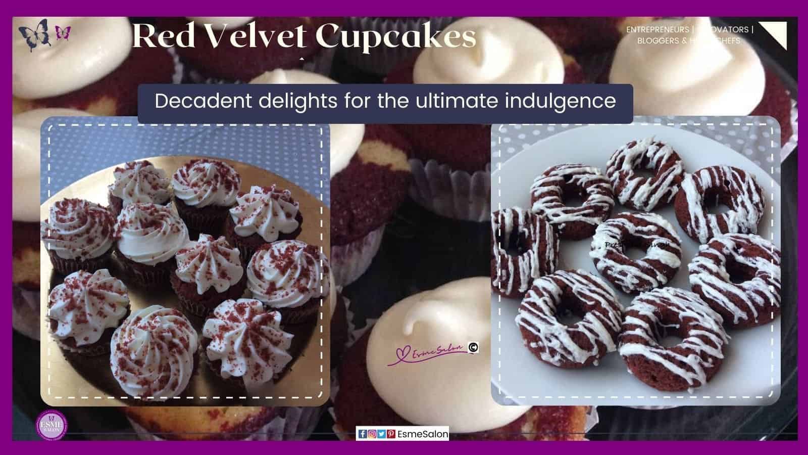 an image of Red Velvet Cupcakes with cream topping and red crumbs, as well as plain white topping and also red velvet donuts