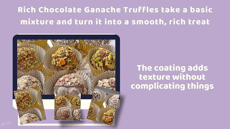 An image of Chocolate Ganache Truffles rolled in almonds, pistachios or shredded coconut