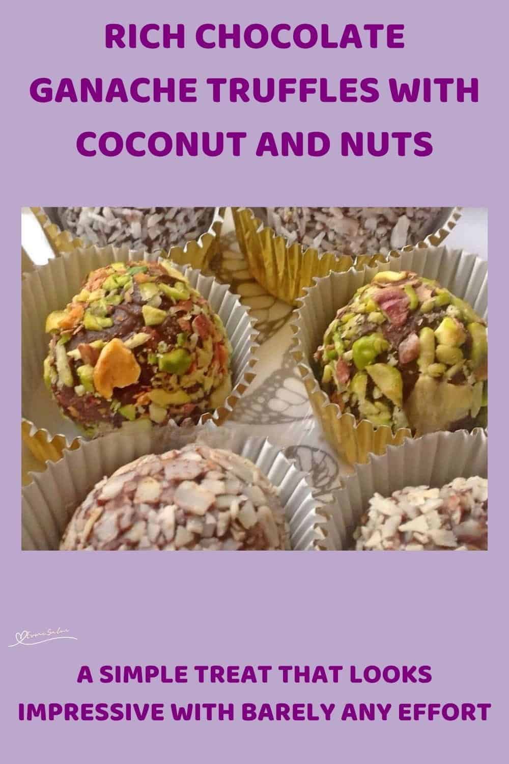 An image of Chocolate Ganache Truffles rolled in almonds, pistachios or shredded coconut